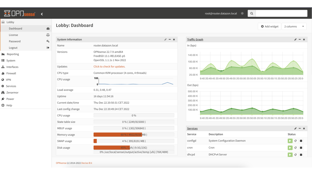 OPNsense Dashboard - Lobby with system status and traffic graphs